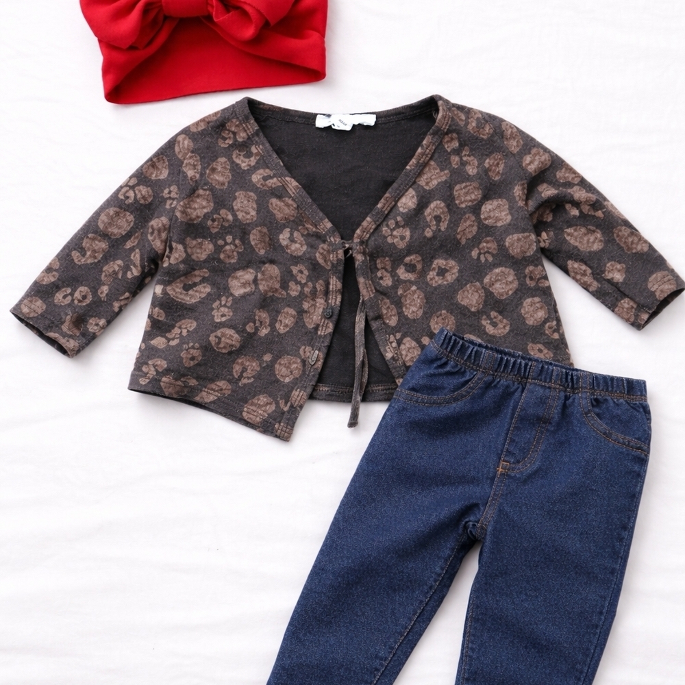 Carter's Brown Leopard Cardigan with Blue Jeans
